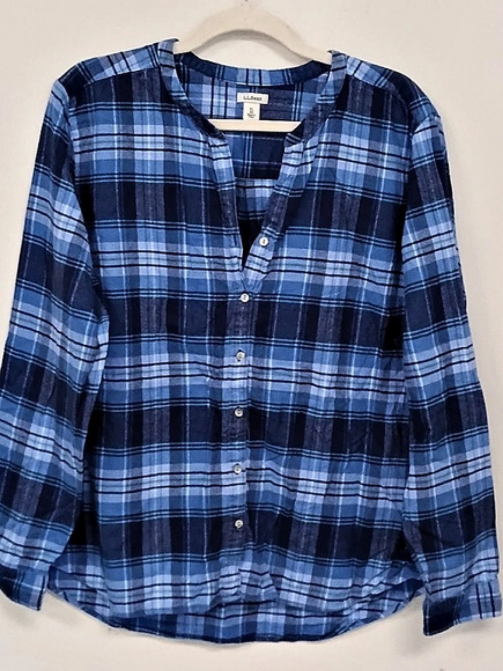 L.L.Bean Blue Plaid Flannel Collarless Tunic Shirt Blouse XL Preppy Casual